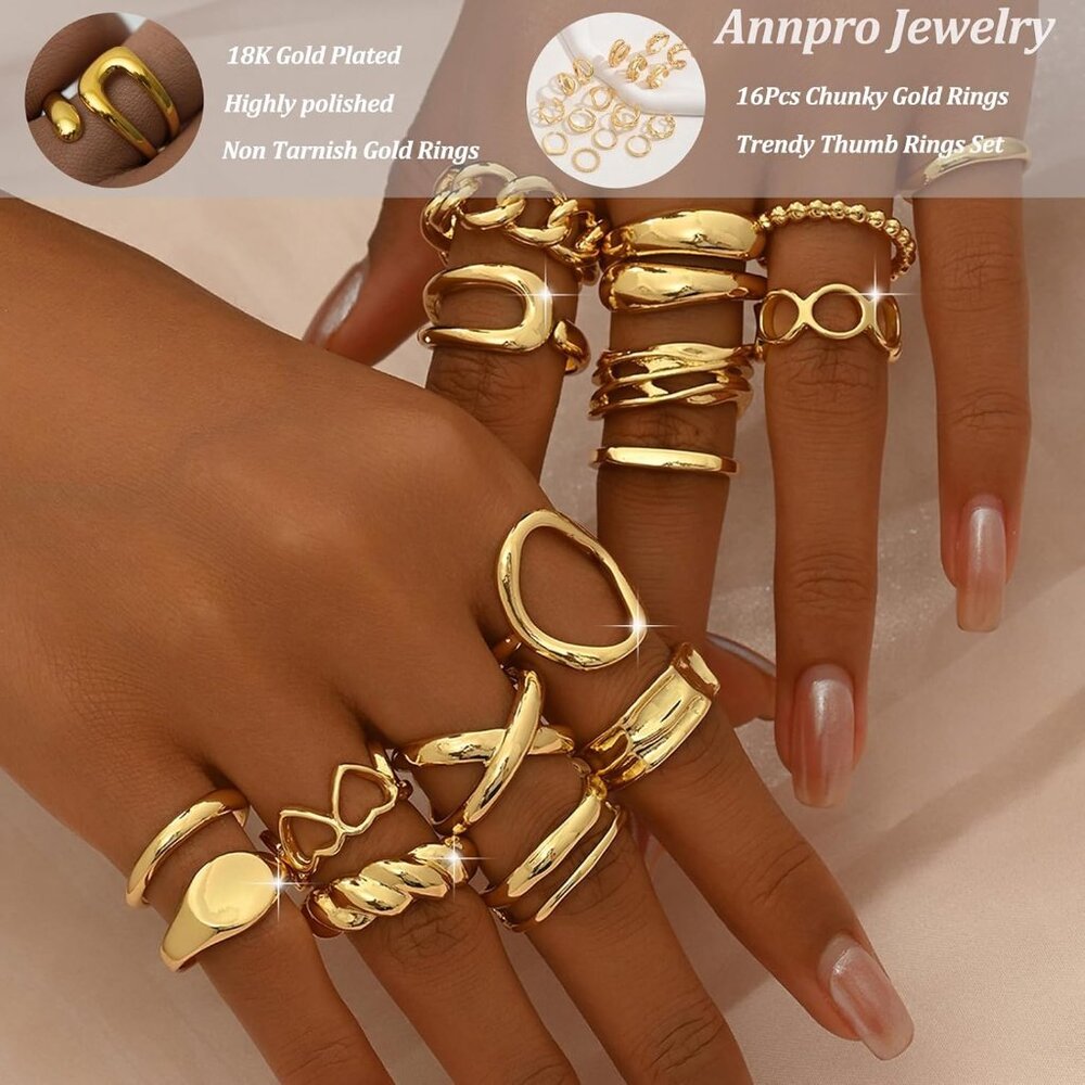 Chunky Gold Plated Stackable Rings Set For Women … - image 2